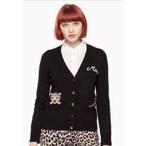 Kate Spade Broome Street Black Embroidered Leopard Cardigan XS